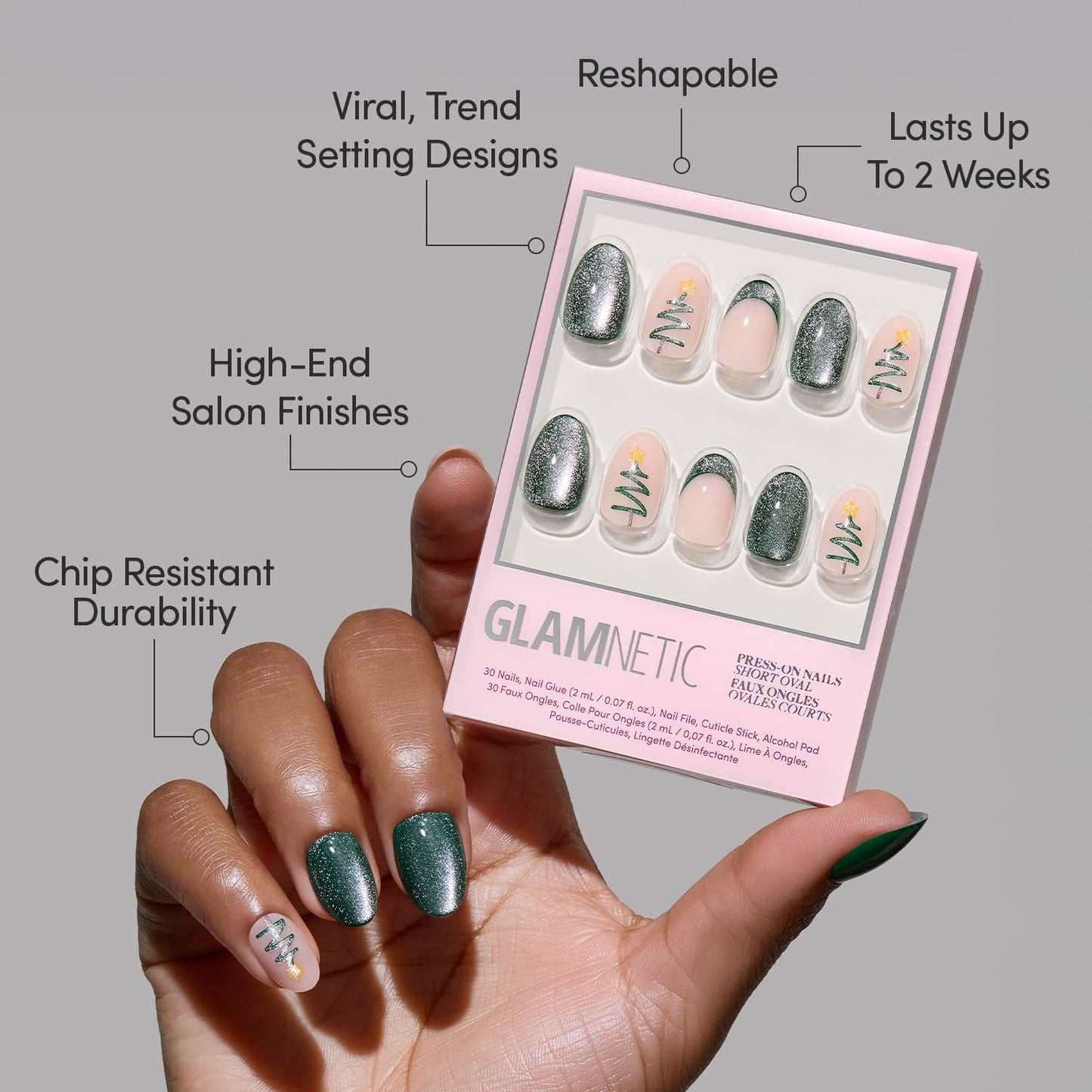 Glamnetic Press-On Nails Bundle - Velvet Pine & Cutie Pine | Deep Green Short Oval Fake Nails with French Tips, Tree Designs & Velvet Finish | Medium Almond Fake Nails in Deep Evergreen with a Pearl C