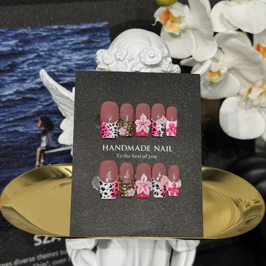 Vseegrs Pink Handmade Press on NailsSquare Medium Leopard Artificial False Nails with Designs 3D Flowers Acrylic Nail Press ons Gold Embossed Press on Nail Kit for Women 10pcs (S)