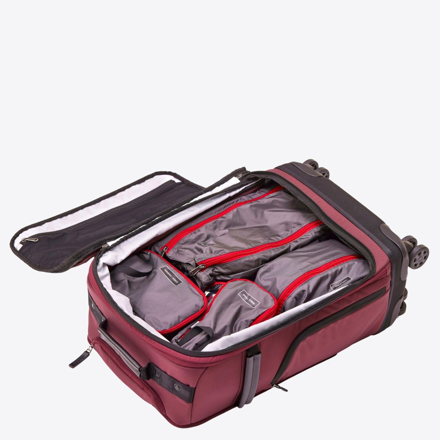 ONLI TRAVEL Trilogy All-In-One Bundle: 3-Part Modular Rolling Pack and 8 Perfect Fit Packing Cubes and a padded hip belt. Get 3 bags in 1 (Zinfandel)