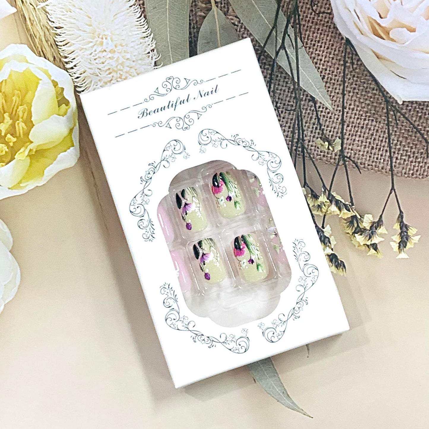 FIEONCIY Press on Nails Short Square Shaped Glossy Full Cover Square French False Nails with Designs Artificial Short Square Fake Nails with Charms Glue Stick ons Fingernails for Women Girls(FD018)