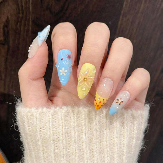 10Pcs Medium Almond Handmade Press On Nails | Easy Apply & Remove, Reusable Salon Quality Nails | Tropical Beach Themed Fake Nails with 3D Floral & Seashell Accents (A009, XS)