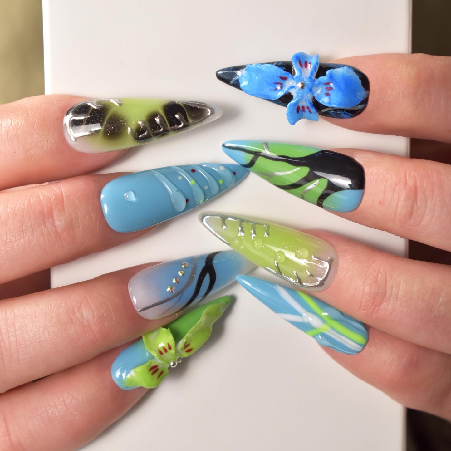 LIFOOST Handmade Press On Nails Long, Blue Press On Nails Stiletto, Carving Flowers 3D Nails with Rhinestones
