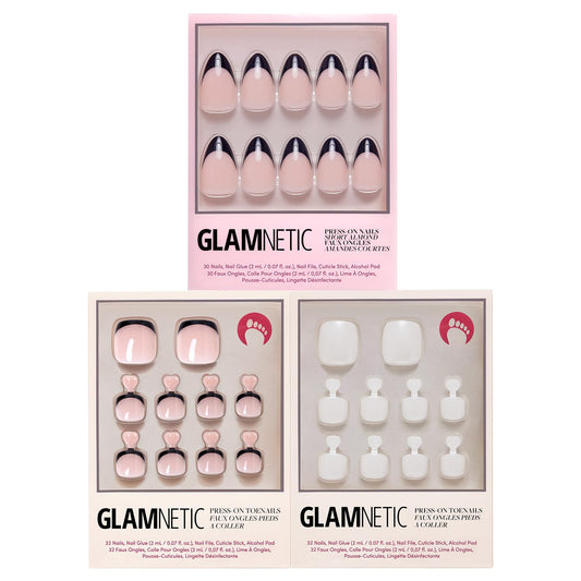 Glamnetic Press-On Nails Bundle - Azure Blue, Hailey & Fairy Dust | Bright Blue Round Fake Nails | Glazed Almond False Nails | Short Oval Beige-Pink Nails with a Metallic Finish