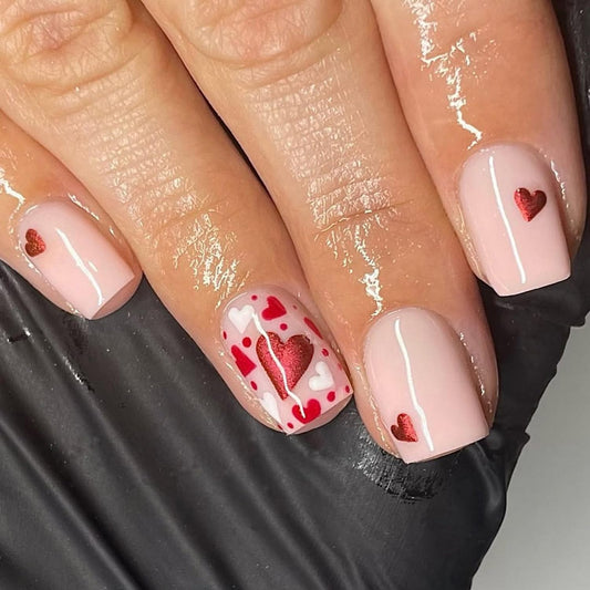 Valentine's Day Press on Nail Medium Length Square Fake Nails Nude Pink Press ones with Red Hearts designs Stick on Nail Glitter Acrylic Press ones Full Cover Reusable Glue on Nails for Women 24pcs