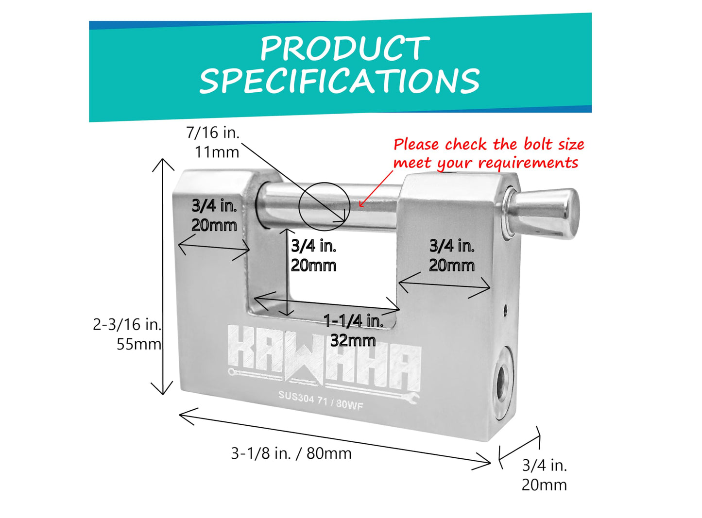 KAWAHA 71/80KD-3SK Stainless Steel D-Shaped Heavy Duty Padlock with Key for Garage Door, Containers, Shed and Warehouse (3-1/8 inch, Keyed Different - 3 Stainless Steel Keys)