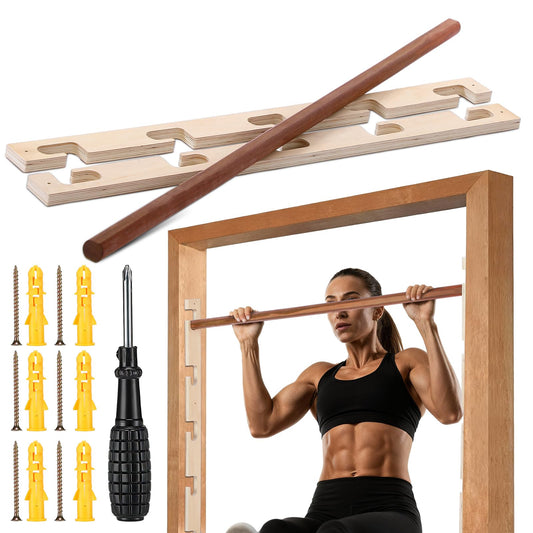 Leinuosen Doorway Pull-up Bar Sets Adjustable 5 Levels Wooden Doorway Pull-up Bar and 2 Door Frame with 6 Sets of Screw-in Heavy-duty Door-mounts to Fits 118cm(100kg Load Capacity)