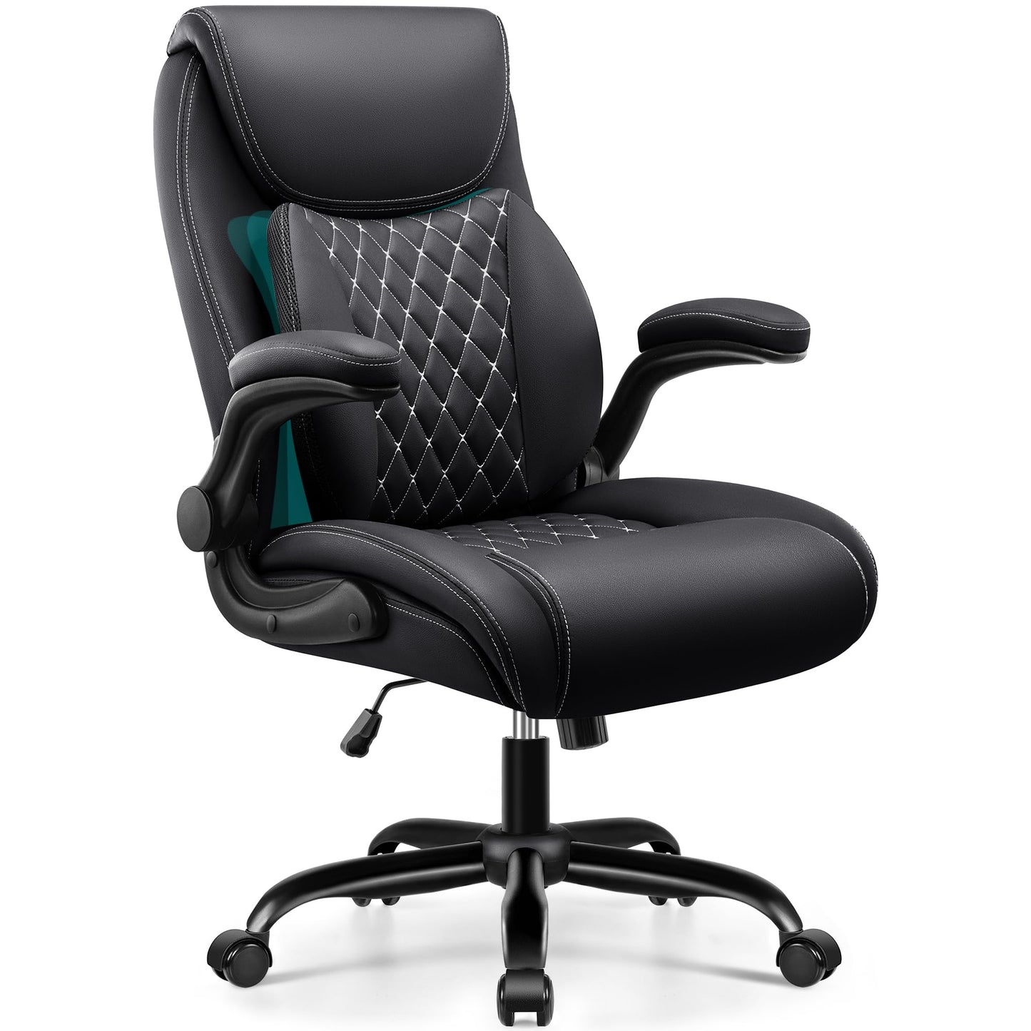 BESTFAIR Office Chair,Ergonomic Office Chair with Lumbar Support for Lower Back Pain Relief, Executive Leather Chair with Padded Flip-up Arms, Wheels and Adjustable Armrests, Black