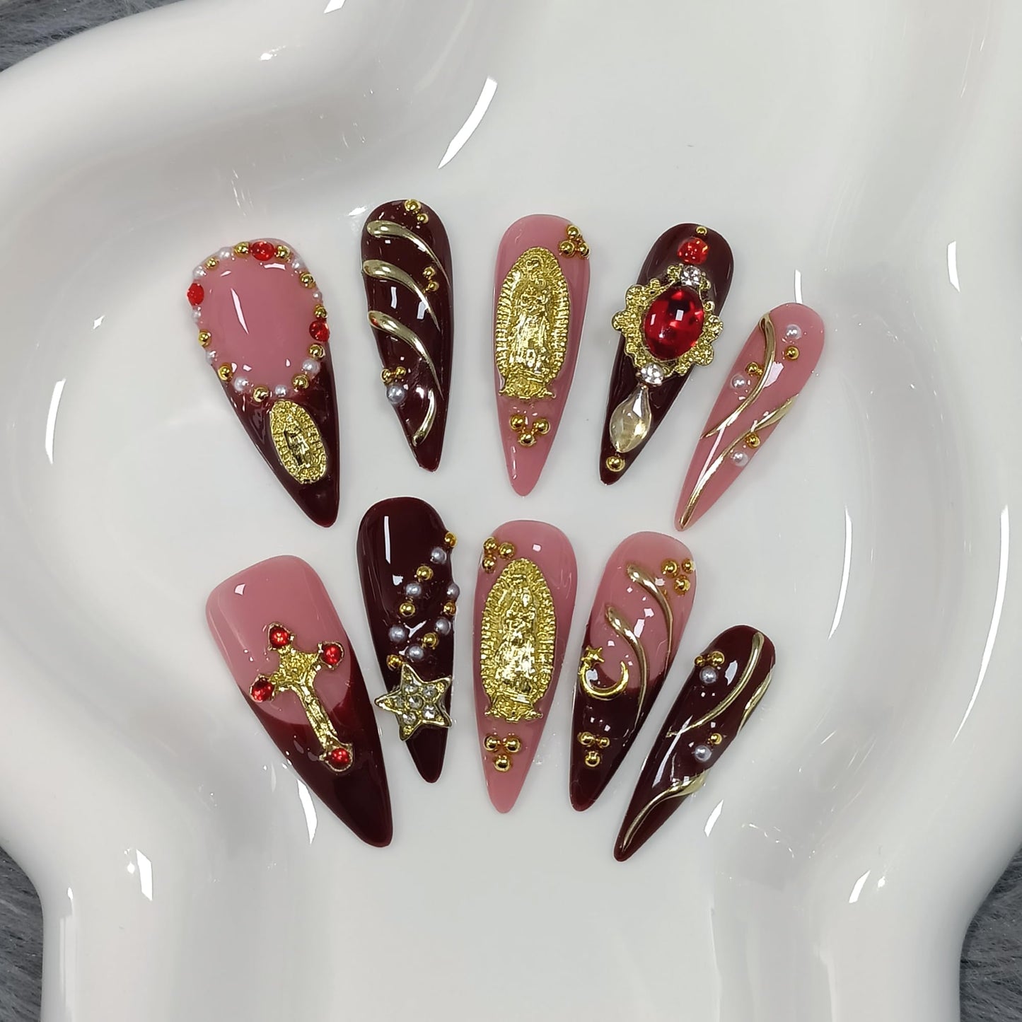 TENPAL Handmade Press on Nails Long Stiletto - Nude Pink Wine Cross Design Fake Nails with 3D Religious Charm | Acrylic Glossy Icy False Nails with Tools | Chapelcore Y2K Nails(S)