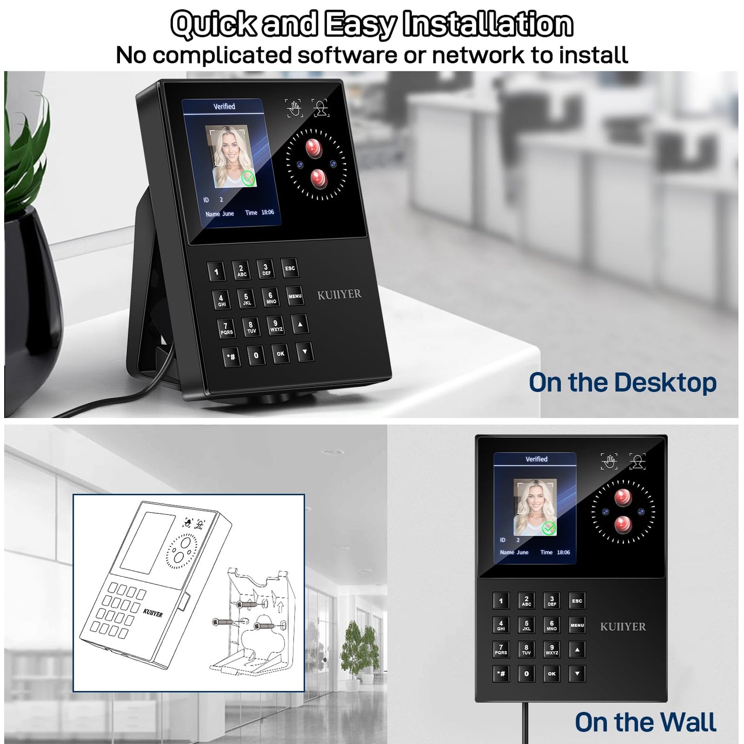 KUIIYER 3 in 1 Employees Time Clocks for Small Business (Face + Palm Print + Password) Employee Clock in & Out Machine Biometric Attendance Punch Clock Recorder Tracker (No Monthly Fee)