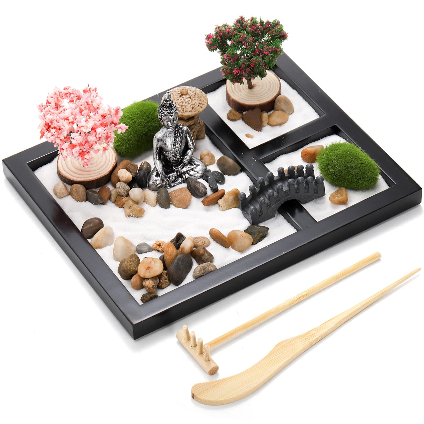 Hiceeden Zen Garden Kit for Desk, 8.5×7 Inches Japanese Mini Zen Garden Accessories, Sand Tray Therapy Kit Meditation Gift for Home Office Desk Decor
