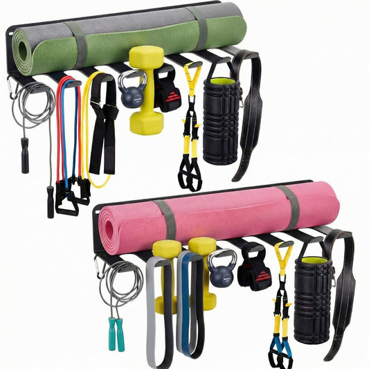 BreezeHug 2 Pcs Gym Wall Mount Storage Rack 8 Hook Heavy Duty Metal Home Gym Organizer for Resistance Band Jump Rope Barbell Accessories Multipurpose Fitness Equipment Storage, Carabiners Include