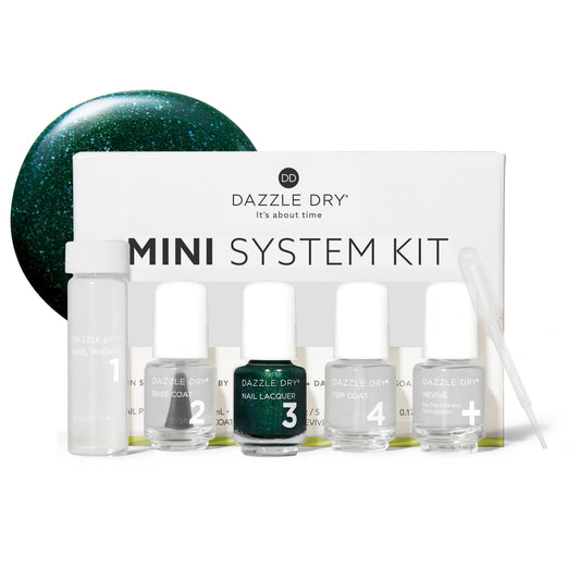 Dazzle Dry Mini Kit 4 Step System - Evergreen - A pine green with blue glitter flecks. Full-coverage glitter. (5 Piece Kit / 5 Manicures)