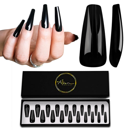 Allkem Coffin Press on Nails Extra Long Ballerina (20 Pieces) - Glossy Nail Extensions Kit - 10 Sizes Glue on Fake Nails (Black)