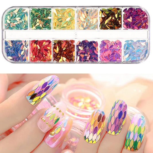 12 Colors Nail Art Glitter Sequins, 3D Sparkly Leaf Shape Nail Flakes Designs, Holographic Ultra-Thin Laser Leaf Glitter Acrylic Nails Supplies for Women Girls Manicure Decorations, DIY Shiny Crafts