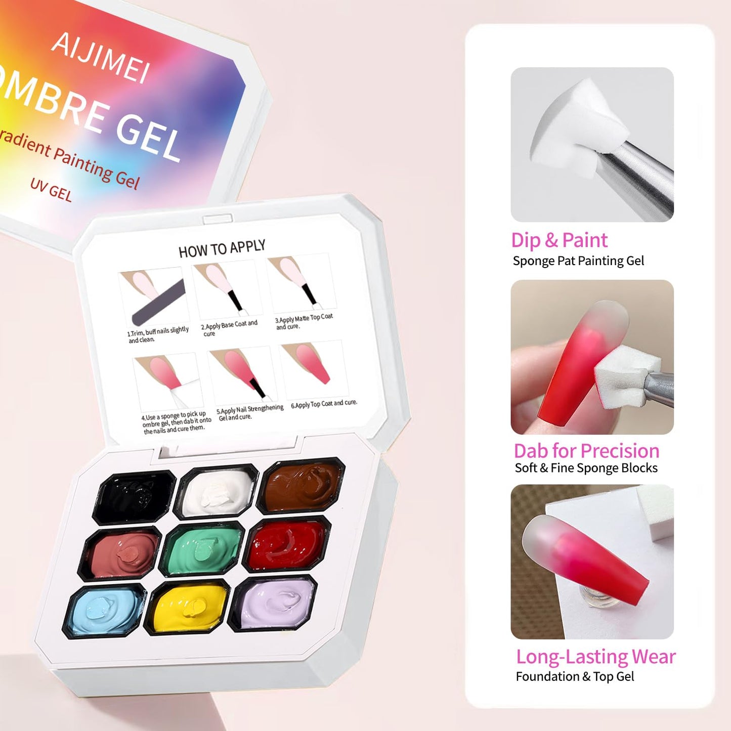 AIJIMEI Ombre Gel, Gradient Painting Gel, Ombre Gel Nail Polish, Including 100 Nail Sponges And Grabbing Pen Suitable For Salons And Family DIY (B0)