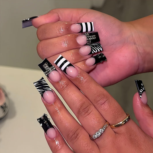 Long Press on Nails Square Fake Nails Black Acrylic Nail Press Ons Seeneey Y2K Stripes Glossy Stick on Nail for Women 24pcs
