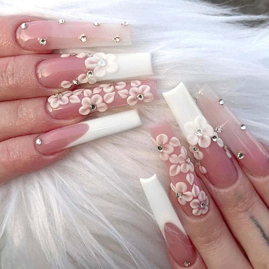 YoYoee Long Coffin False Nails French Gradient Press on Nails Full Cover Fake Nails Crystal Gem Design Nails Tips for Women and Girls 24PCS