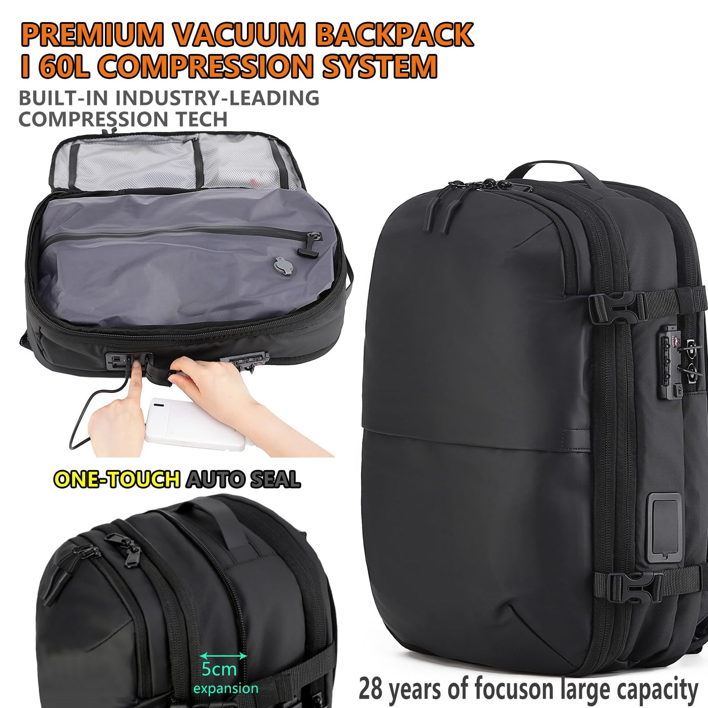 LIGHTGO] Travel-friendly Vacuum Packing Backpack with Built-in Air Pump, Portable Compression Cube, TSA-approved Lock, and Waterproof for College Students and Family Trips.