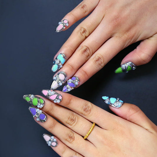 MXYIYANR Almond Press on Nails Medium Fake Nails 3D Art False Nails with Design Full Cover Fake Fingernails Glossy Acrylic Stick on Artificial Nails for Women Manicure 10 Pcs (M)
