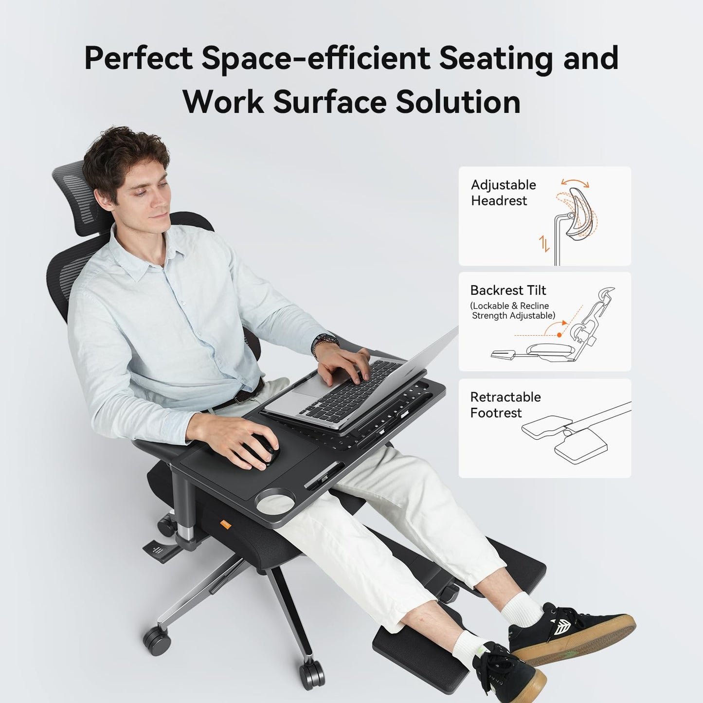 Newtral Office Chair Ergonomic - Home Office Desk Chair, Back Pain Chair with Auto-Following Lumbar Support, 4D Armrest, Seat Depth and Height Adjustable (Foot Rest + Laptop Tray, Black)