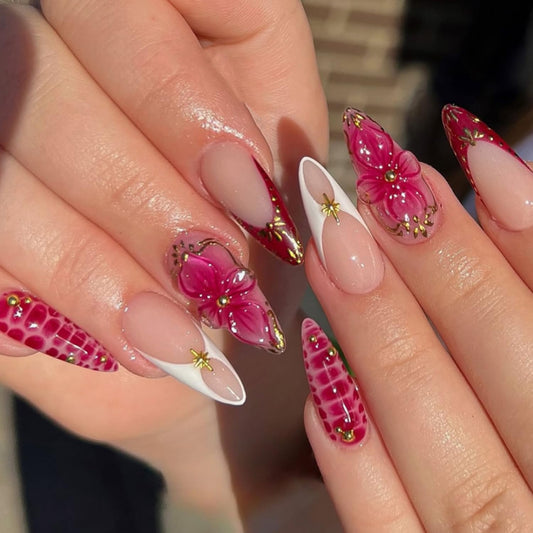 Flower Press on Nails Medium Almond Artificial Acrylic French Fake Nails 3D Floral Leopard Print with Gold Beads Spring Glossy Design Stick on Nail Glossy Artificial Fingernails for Women Manicure