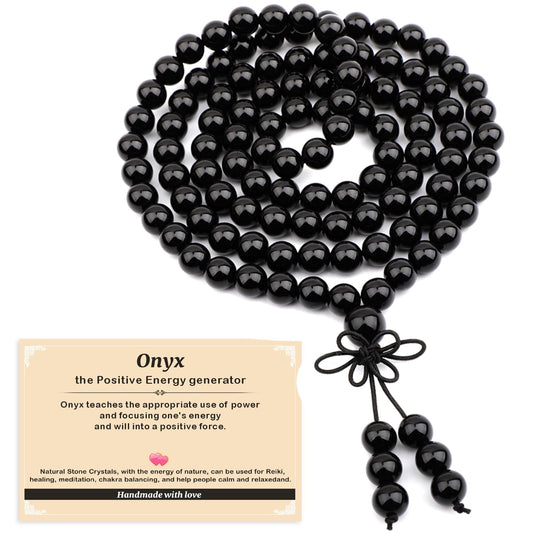 AD Beads 8mm 108 Prayer Mala Onyx Elastic Bracelet - Positive Energy Generator - Handmade Yoga Meditation Healing Power Energy Gifts for Unisex Adult.