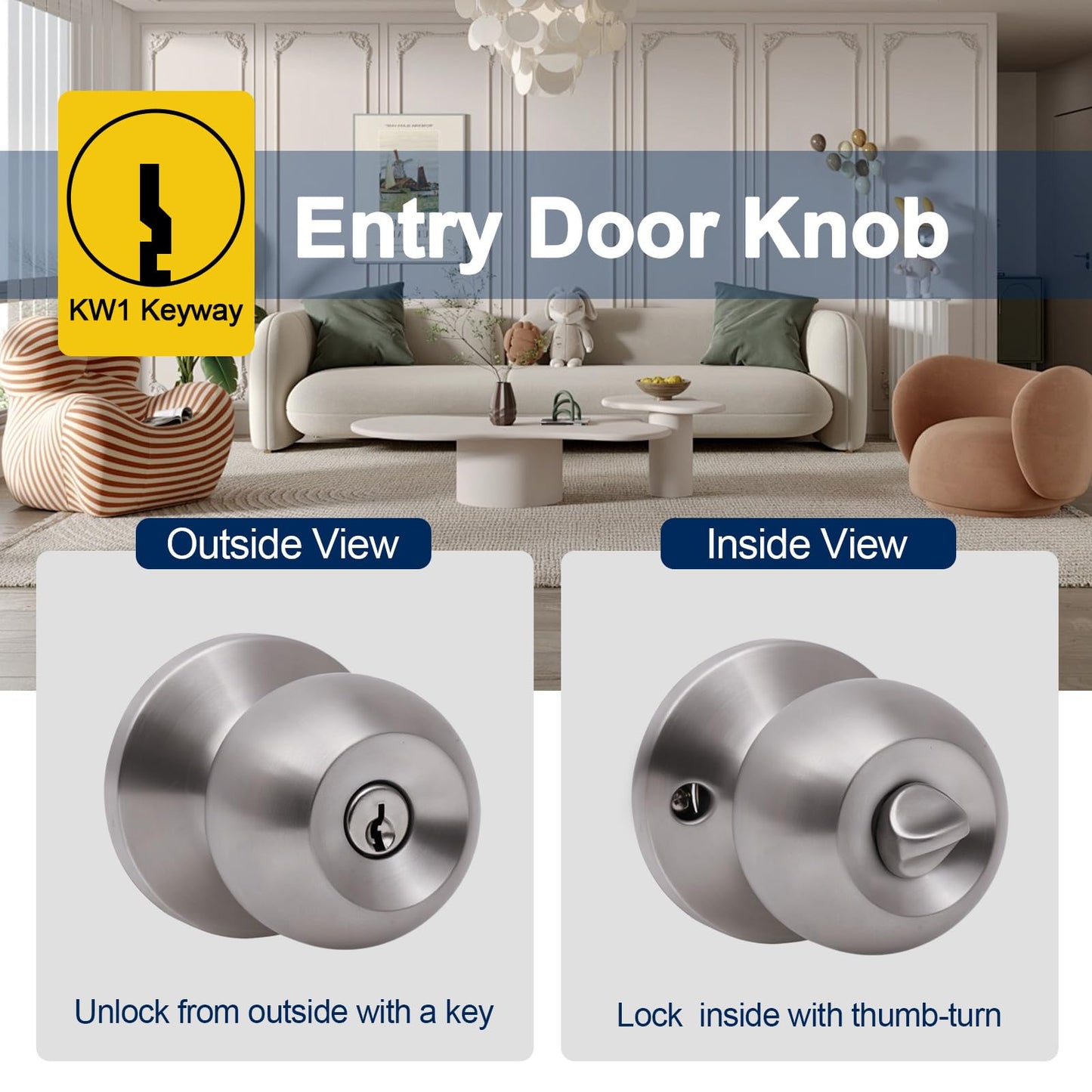 Lanwandeng 4 Pack Door Knobs with Lock and Key,All Keyed Same Entry Door Knob, Exterior and Interior Door Lock, Door Handle Satin Nickel