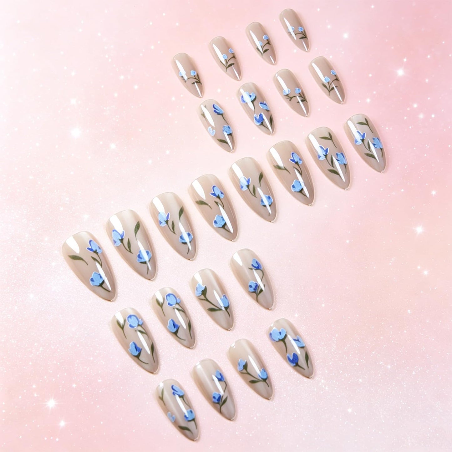 Press on Nails with Flower Design Floral Medium Almond False Nails Leaf Fake Nail Glossy Blue Glitter Glue on Nail Sparkly Stick on Fingernails for Women Sweet Daily Wear