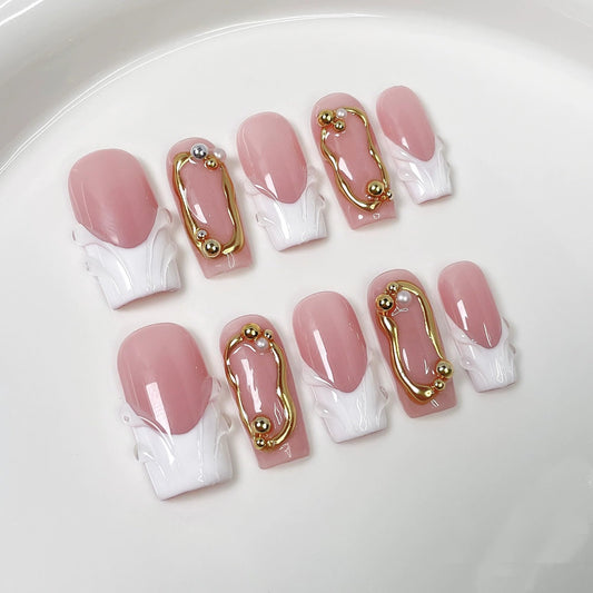 Handmade Press on Nails Medium Square Fake Nails White French Tip Nails Press Ons with 3D Swirl Design Reusable False Nails Luxury Full Cover Stick on Nail for Women Manicure 10Pcs (Size M)