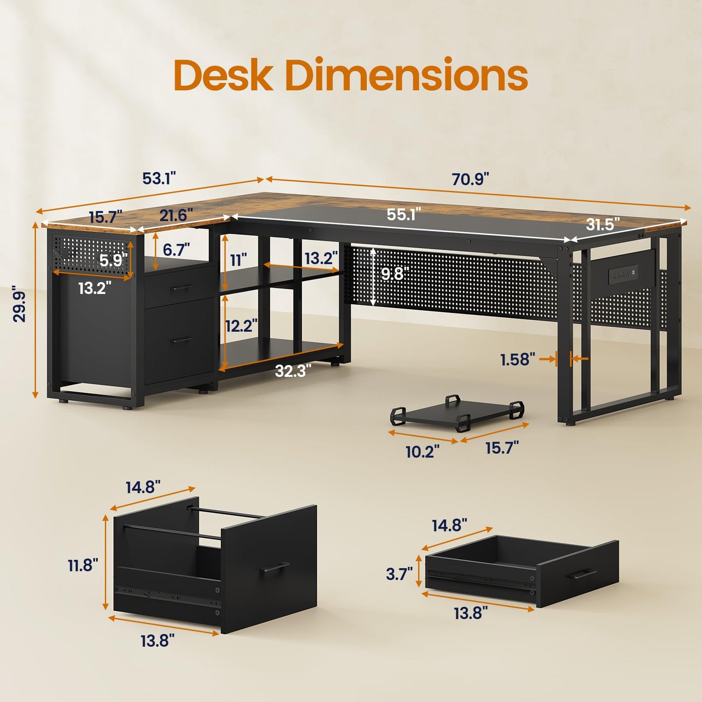 UPOSOJA 71 in Executive Desk with Power Outlets, Reversible L Shaped Desk with File Drawers & Storage Shelves, Large Office Desk Computer Desk with Pegboard, Mobile CPU Stand, Modern Corner Desk