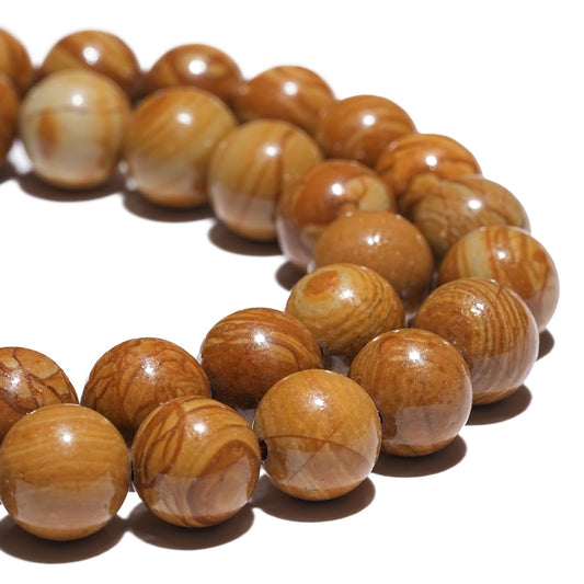 10mm Natural Yellow Woodgrain Jasper Gemstone Beads Polished Round Smooth Stone Beads for Bracelets Jewelry Making 15inch Loose Beads