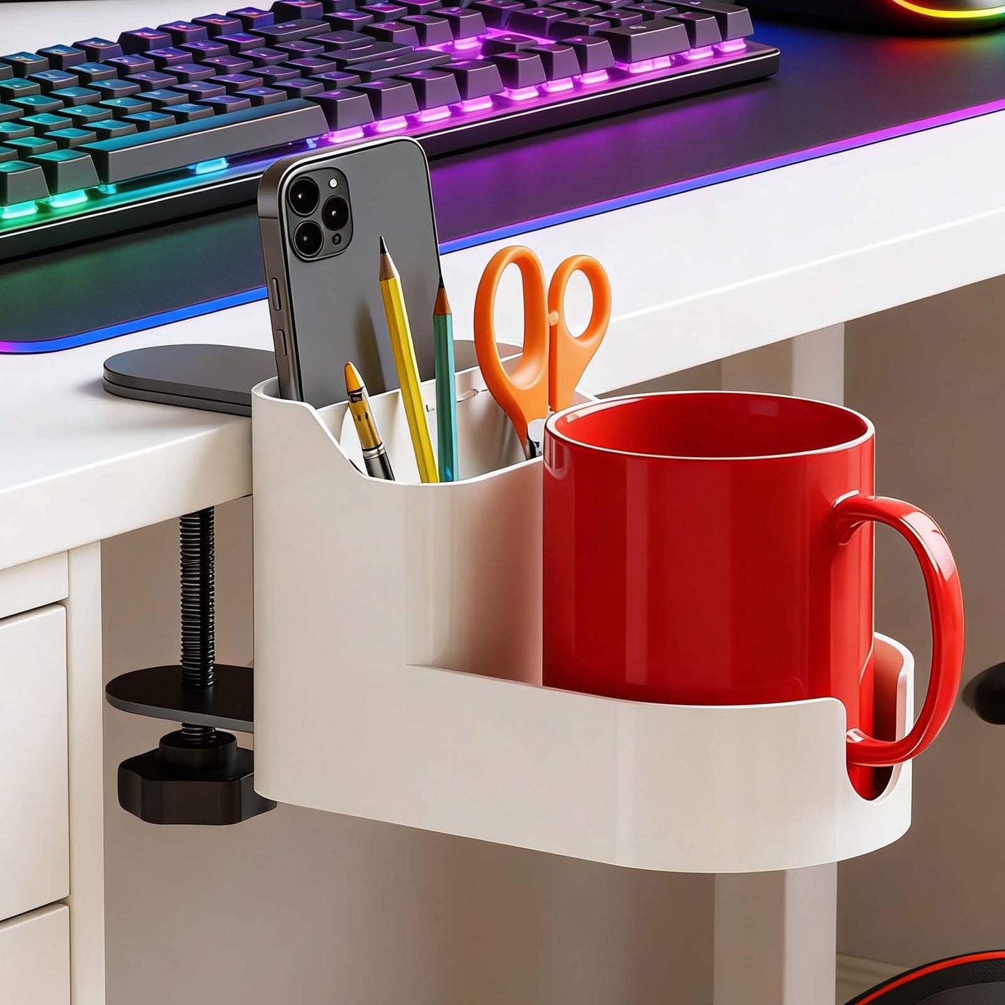 Desk Cup Holder Clamp,Clip on Cup Holders for Desks with Charging Hole and Spill-Proof Cup Design - Desks Side Drinking Cup Holders Clip for Home,Office&Gaming Desk Accessories