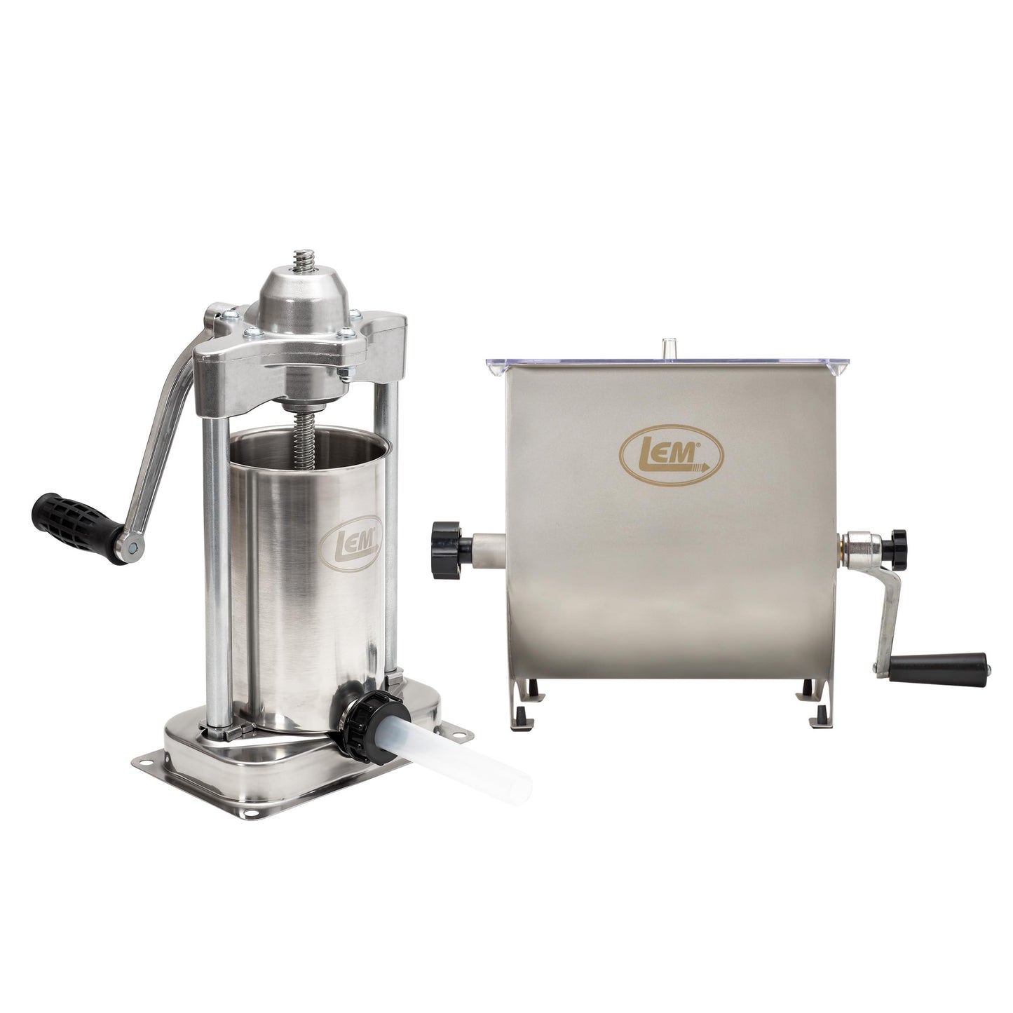 LEM Products MightyBite Vertical Stainless Steel 5 Pound Capacity Sausage Stuffer with Plastic Stuffing Tubes and 20 Pound Manual Meat Mixer Set