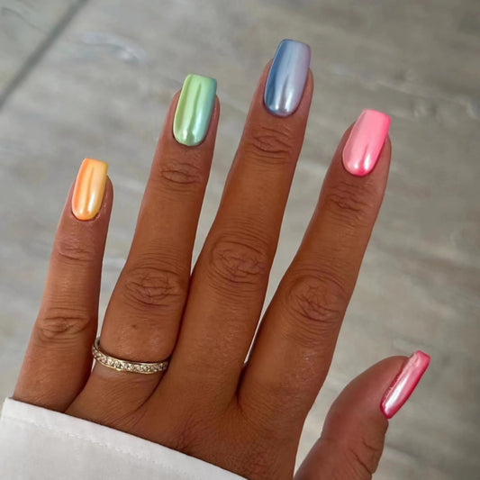 BABALAL Medium Press On Aurora Glue On Nails - 24Pcs Rainbow Design Full Cover Acrylic Squoval False Nails