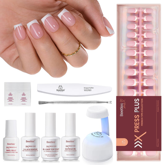 Beetles X Press Plus Gel Nails Kit - Pearl French | Pink Short Square French Tip Press On Nails | 150Pcs 15 Sizes All-in-One Kit With Nail Glue,Remover,Builder Top Coat,Nail Lamp Gift For Women