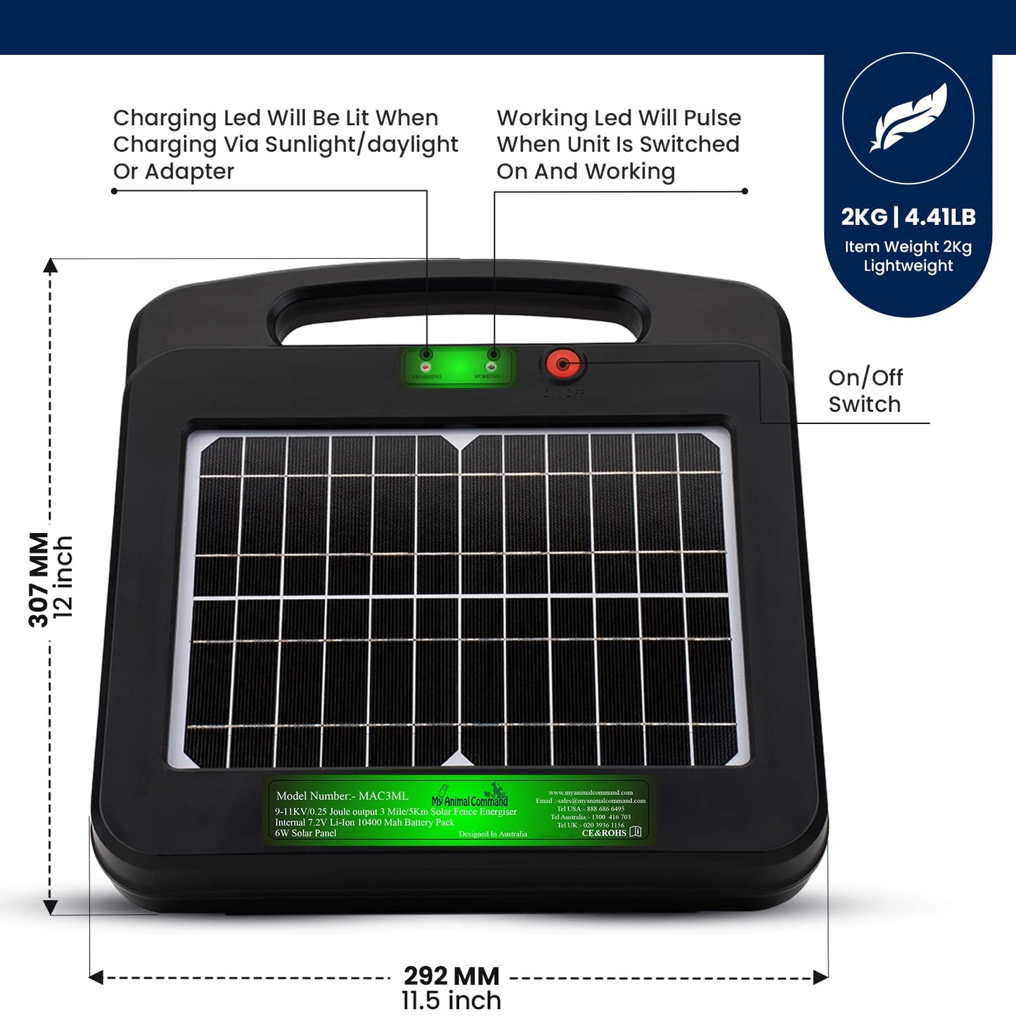 My Animal Command Solar Powered Electric Fence Charger 0.25 Joules Output (9-11KV) with Lithium Battery Energizer Containment & Protection of Livestock Horses Cattle Sheep Pets Easy Install