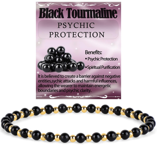 QOGIR Black Tourmaline - Psychic Protection - 14K Gold Plated Beads Natural Gemstone Stretch Elastic Dainty Healing Beaded Bracelets Gifts 4mm