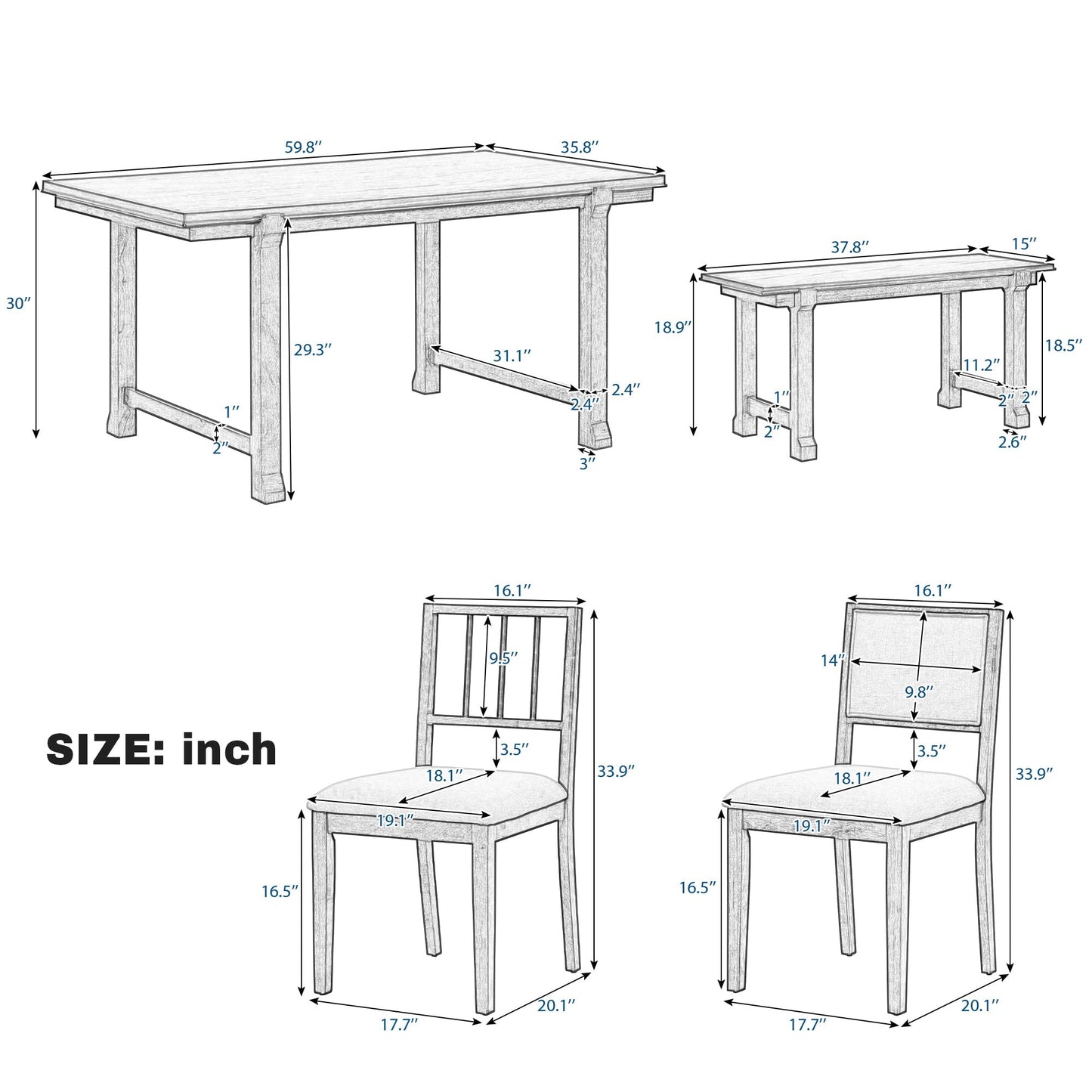 Merax 6-Piece Farmhouse Dining Table Set for 6, 59.8" Rectangle Table + 4pcs Dual-Style Chairs + 37.8" 2 Seater Bench, Kitchen and Dining Room Sets with Solid Wood Legs and Frame (Walnut+ Beige)