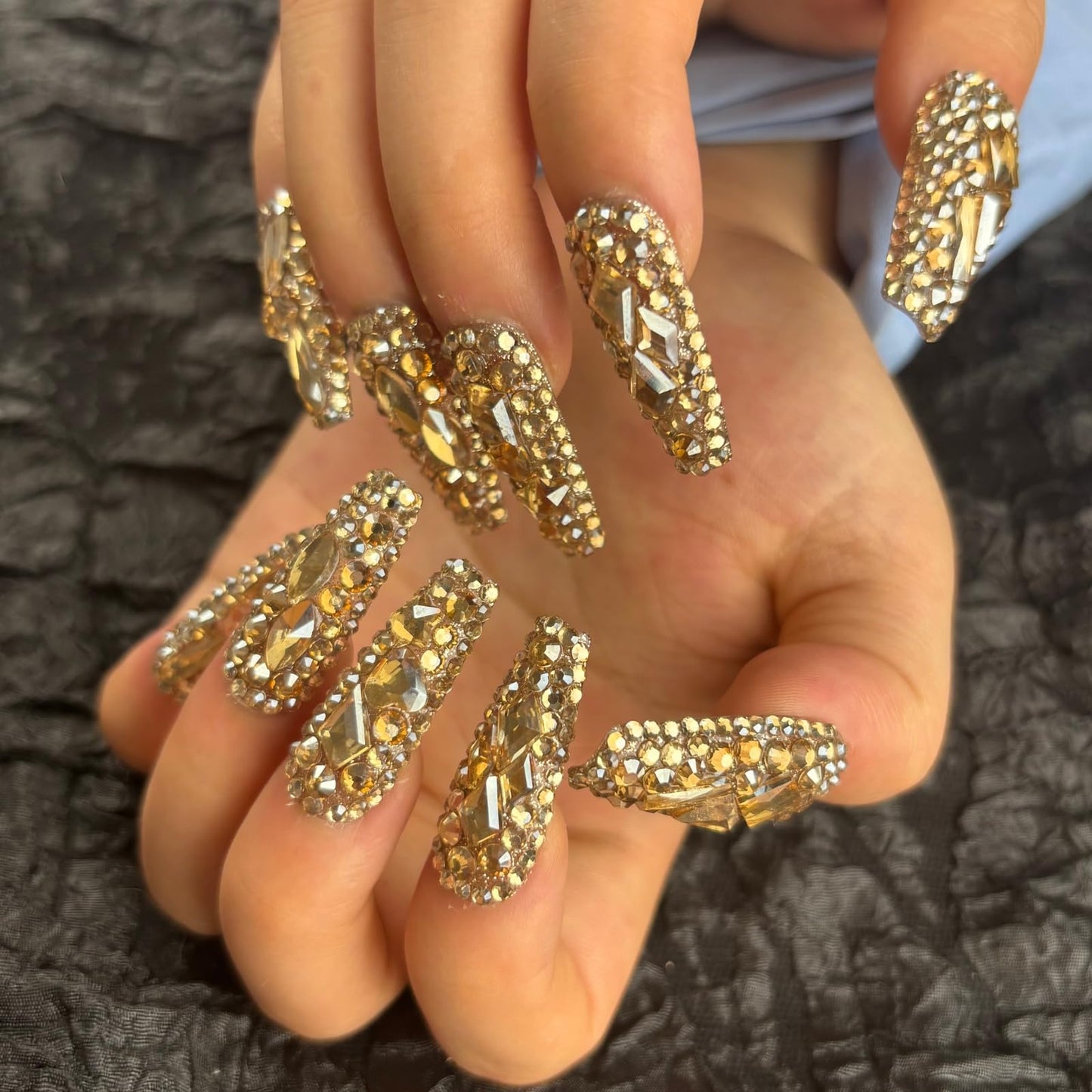 AKA Unicorn Trendy Handmade Press On Nails Long Square Shape,10Pcs Shimmery Acrylic Fake Nails with 3D Champagne Rhinestone Luxury Design Stick On Nail for Woman Gift