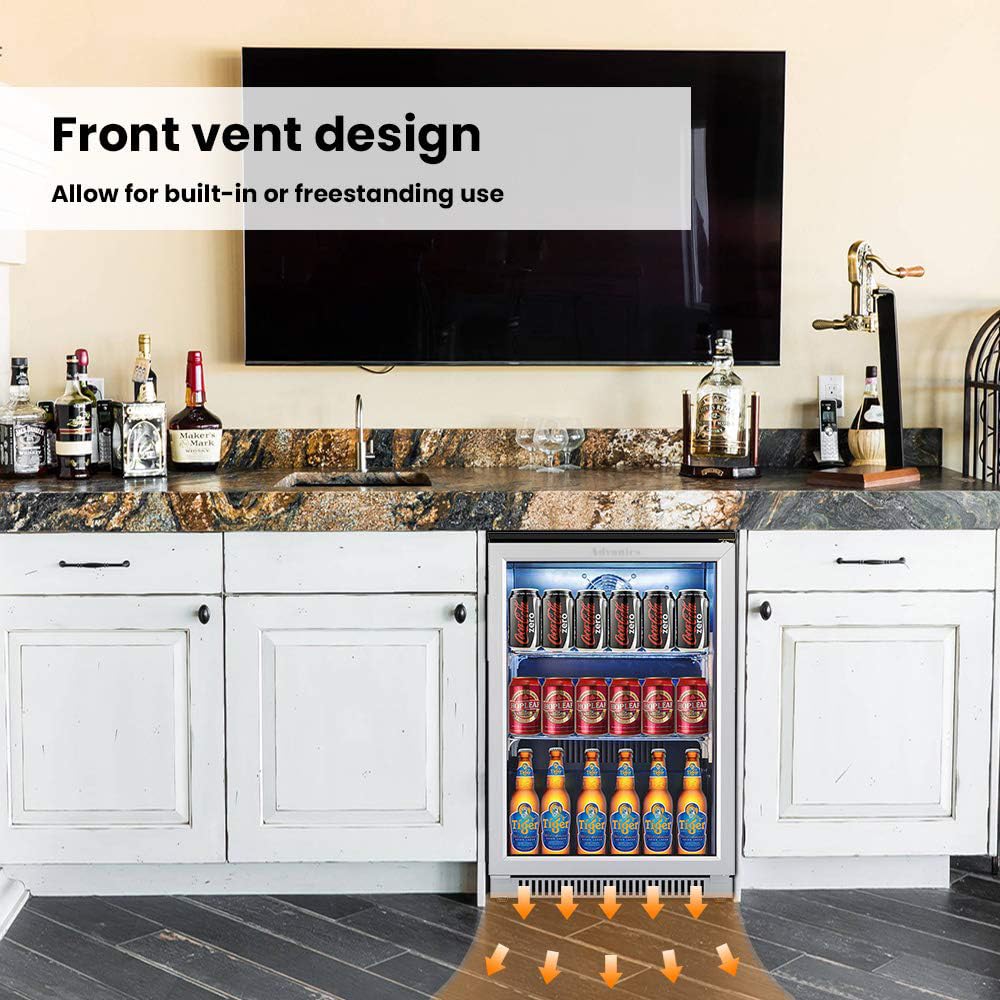 Advanics 20IN Beverage Refrigerator with Glass Door-120 Can Built in Under Counter Fridge & Freestanding,Ideal for Soda,Beer Drink Cooler