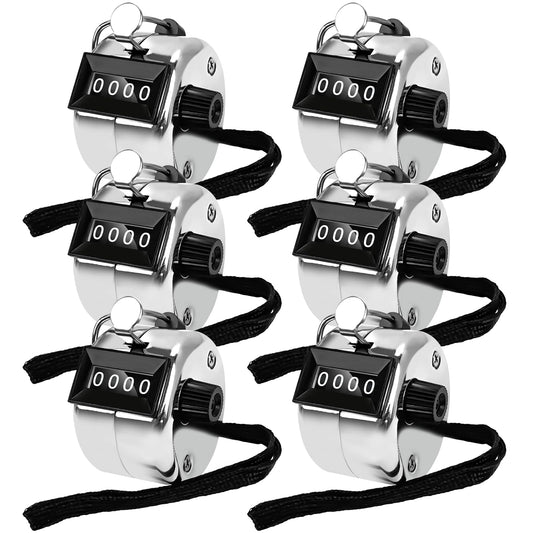 POXXU 6 Pack Clicker Counter,Metal Hand Tally Counters Clicker with Black Nylon Lanyard,4 Digit Display Pitch Counter for Knitting,Coaching,Golf,Lap,Fishing,Umpire,Baseball,Row Sport (Silver Color)