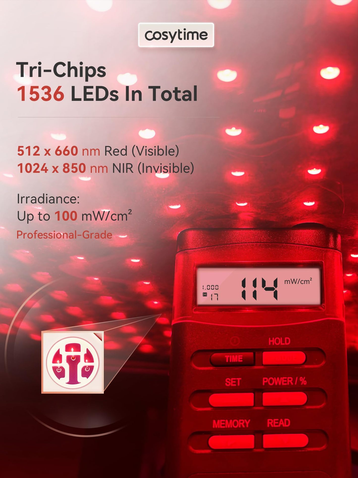 Cosytime 35" x 17" Red Light Therapy for Body - 660nm Red & 850nm Near Infrared NIR, Tri-Chip 1536 LEDs Therapy Mat, 100 mW/cm² High Irradiance