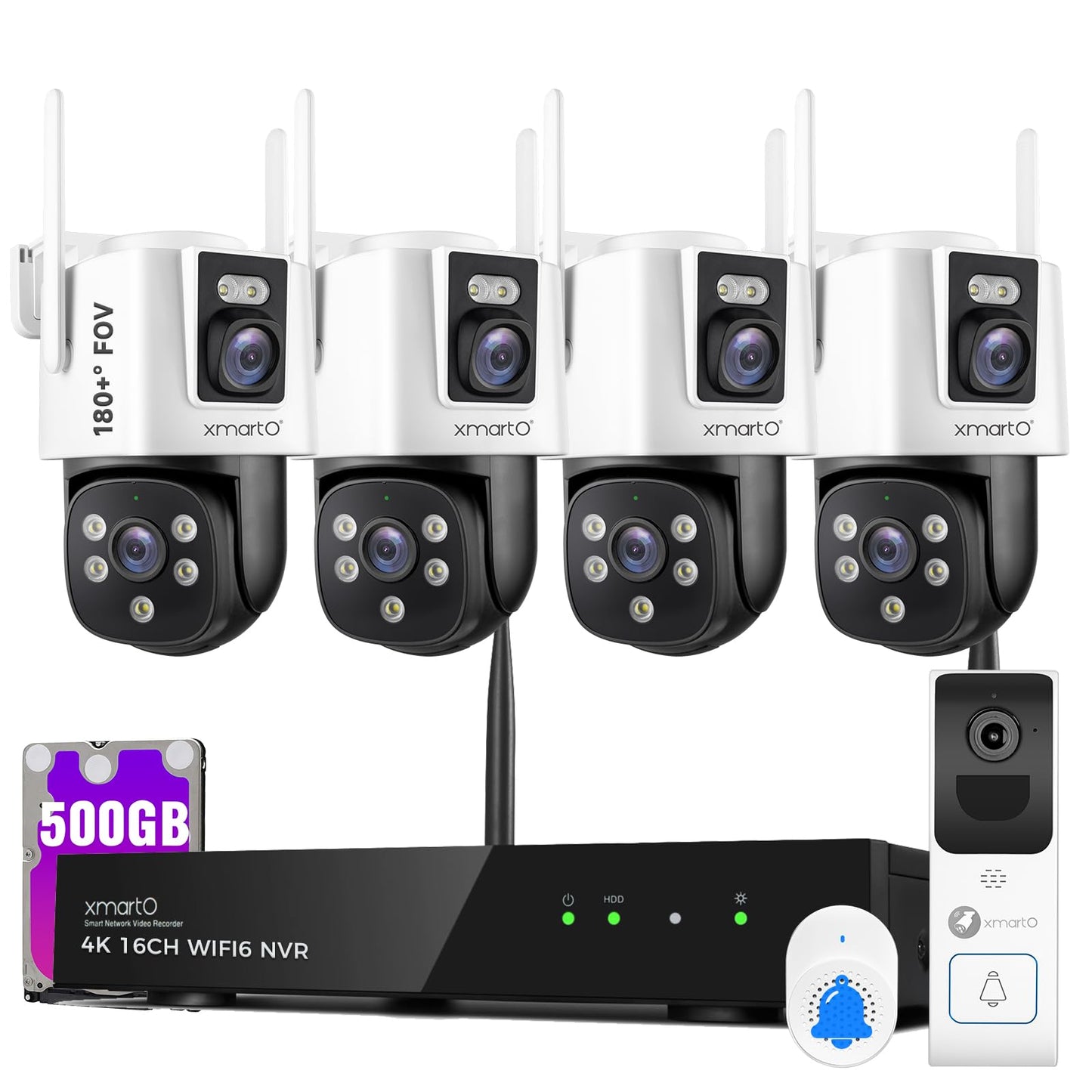 xmartO [Doorbell + 4-CAM] Dual-Lens Wireless Camera & Smart Video Doorbell Security Bundle, 16CH 4K WiFi6 Mesh NVR with 500GB HDD, 4MP 180° FOV/360° PTZ AI Tracking, 2-Way Audio, No Monthly Fee