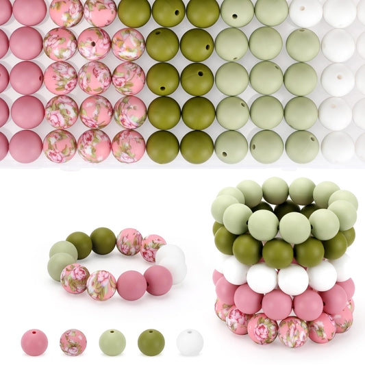 SALUOKE 100 Pcs 15mm Silicone Beads for Keychain Making, Pink Gream Silicone Beads Bulk Round for Bracelets Pens Crafts Jewelry Making (Pink Green)