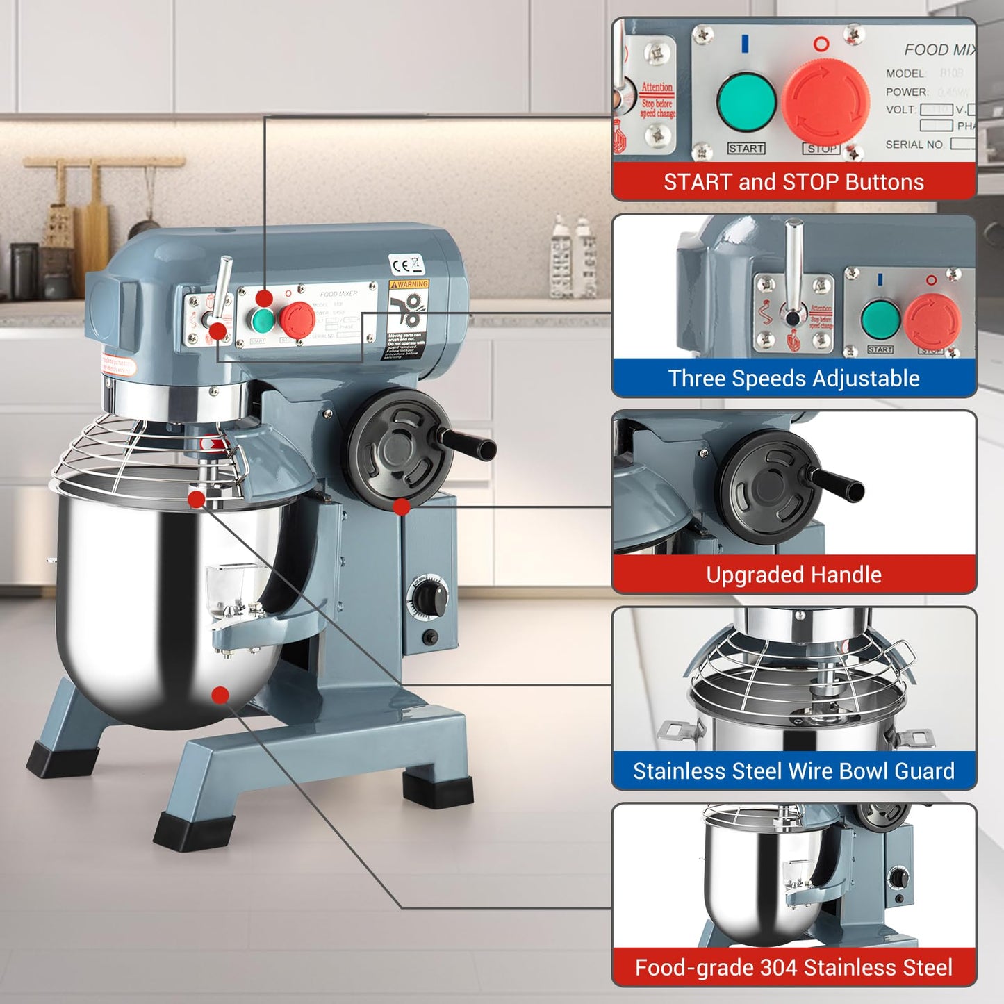 Commercial Food Mixer 20Qt, Heavy Duty Commercial Stand Mixer with 3 Speeds Adjustable, 1100W Electric Dough Mixer with Stainless Steel Bowl, Dough Mixer Timing Function for Bakeries Pizzerias