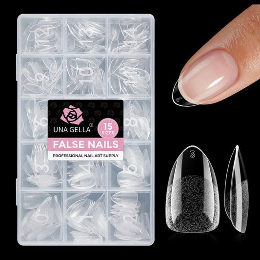 UNA GELLA Short Almond Nail Tips 15 Sizes 300PCS Pre-Etched Soft Gel Clear Nail Tips Easy DIY Salon Short Almond Press On Nails Snug Fit Acrylic Fake Tips Extensions Long-Lasting Hold