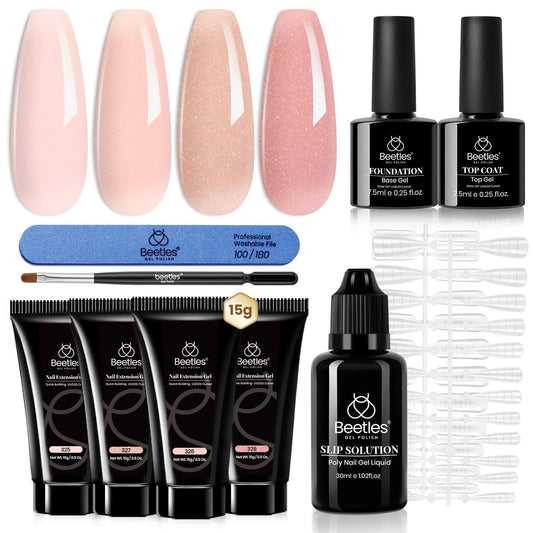 Beetles Poly Extension Gel Nail Kit, 4 Colors Nude Pink Neutral With Base Top Coat Manicure Enhancement All In One Poly Nail Gel Kit, Gift for Women