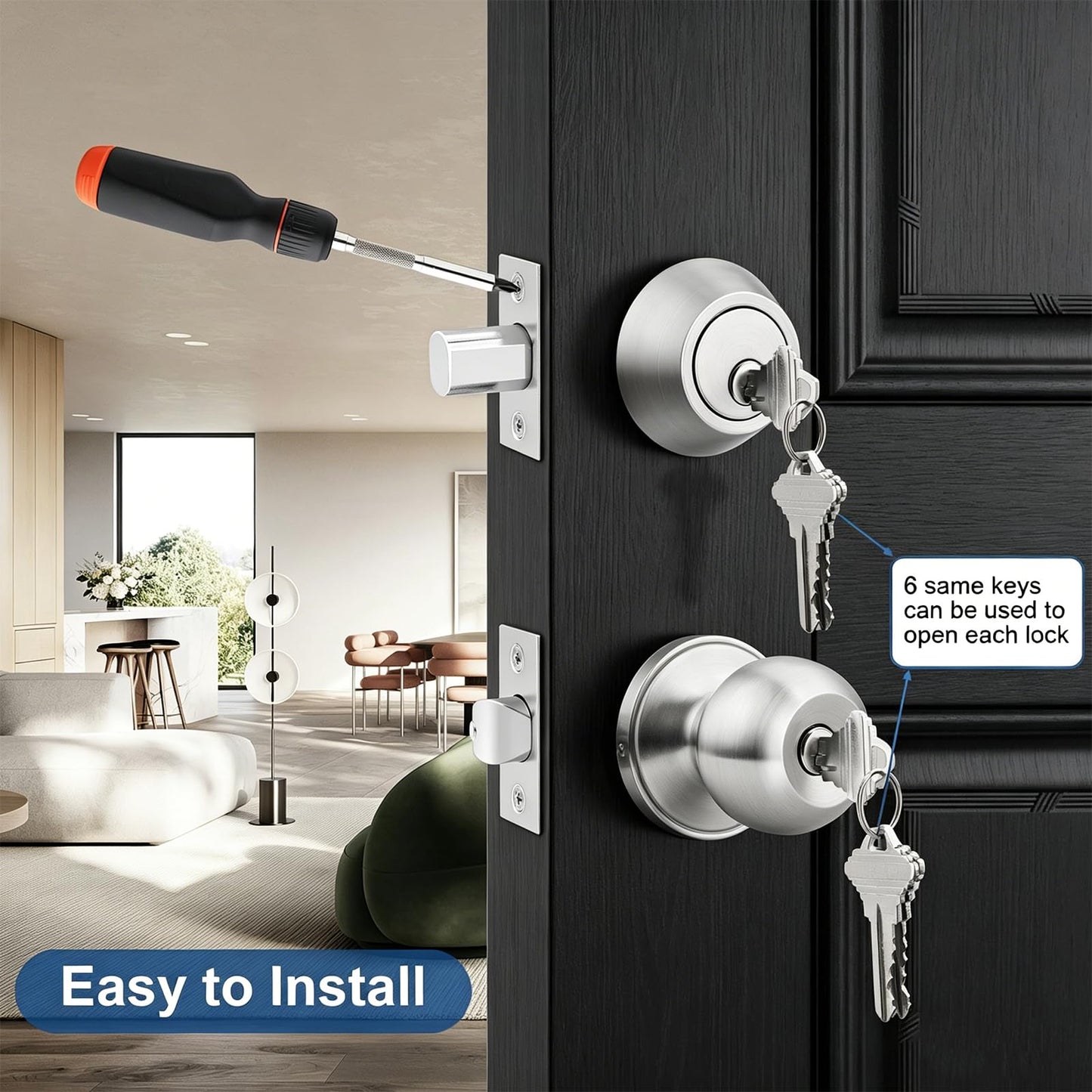 Knobonly Keyed Alike Exterior Door Knob, Round Outdoor Lock with One Sided Deadbolt, Stainless Steel, Satin Nickel Door Knobs, Silver Door Handle Sets, 4 Pack