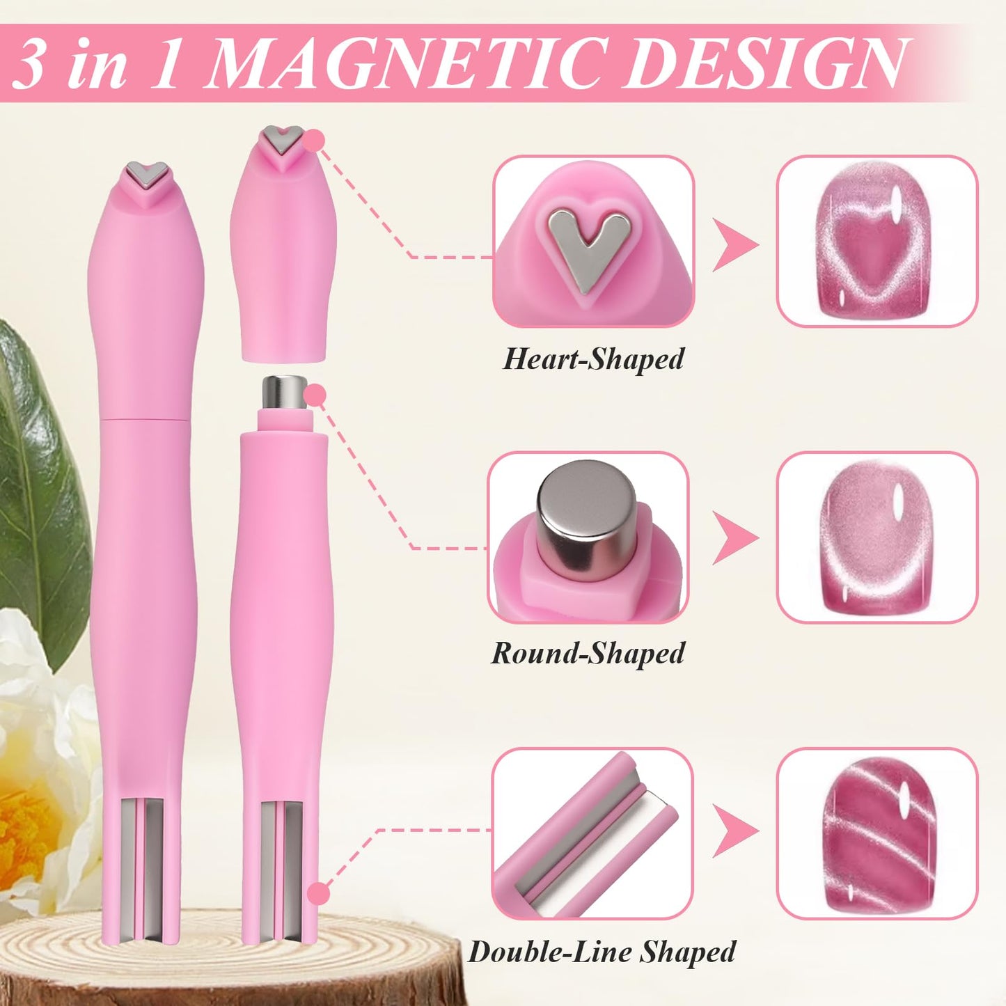 Plman 3 in 1 Heart Magnet for Cat Eye Gel Polish, Double-Head Flower Design Nail Magnetic Pen, Multifunctional Cat Eye Magnet for Nail, Cat Eye Nail Magnet with Nail Magnet Guides (Heart Set-Pink)