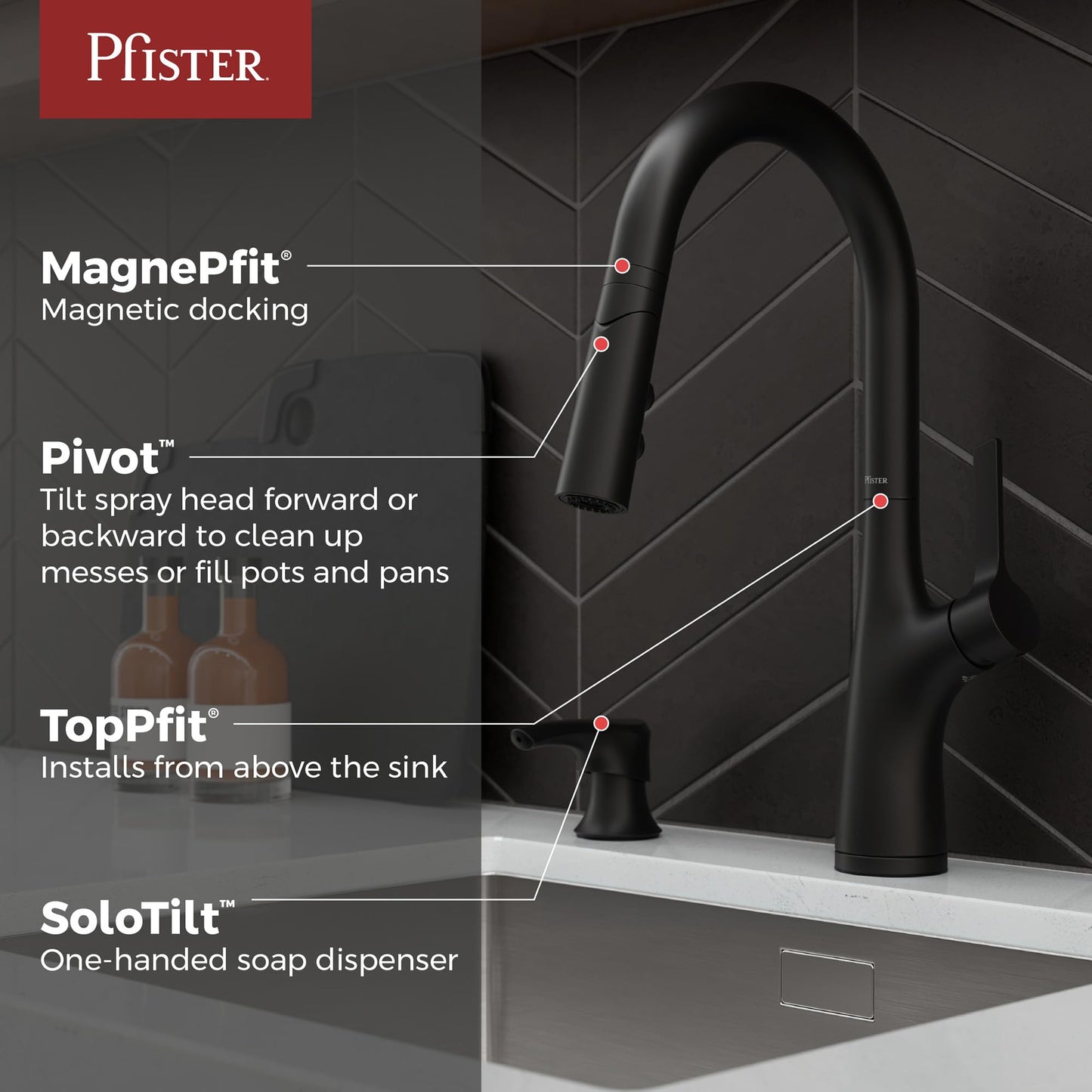Pfister Ceylon Kitchen Faucet with Pull Down Sprayer and Soap Dispenser, Single Handle, NSF Certified, Spot Defense Matte Black Finish, F5297CLOSDB